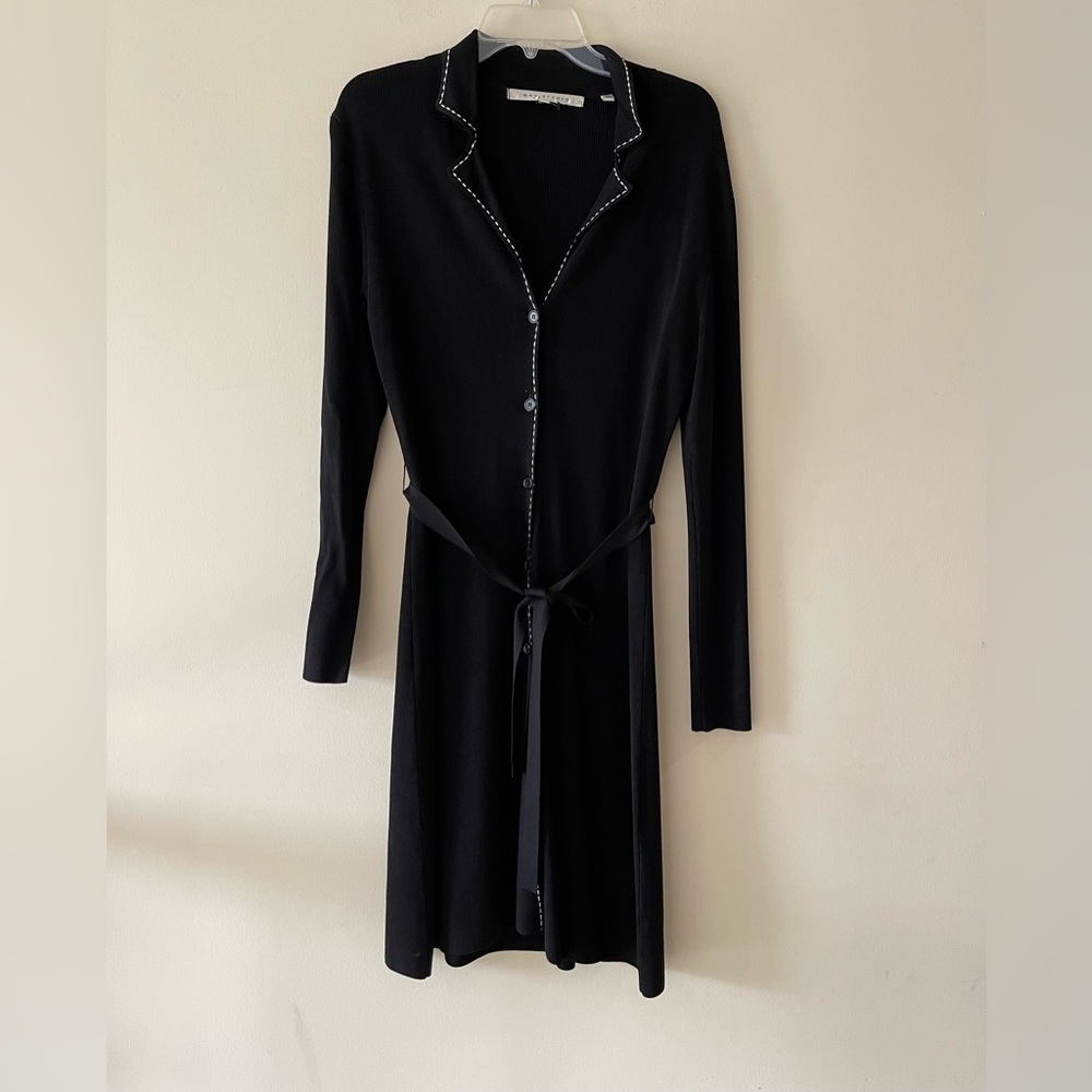 Black Tie-front Button Down Collared Midi Sheath Dress